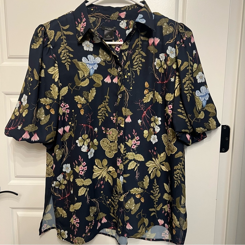 Ann Taylor Black Floral Button Down Shirt
